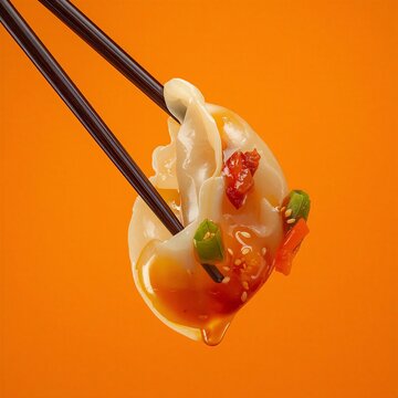 Primer plano de un dumpling al vapor sostenido por palillos, ba&ntilde;ado en salsa agridulce brillante con semillas de s&eacute;samo y ceboll&iacute;n, sobre un fondo naranja vibrante y minimalista.