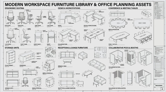 Modern workspace furniture library and office planning assets technical drawing sheet