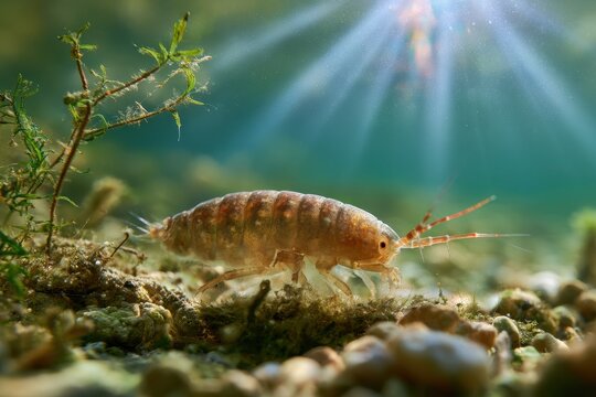 Macro underwater close-up of a freshwater amphipod on a pebble riverbed