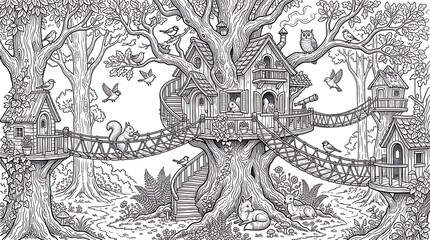 Fototapeta premium Whimsical forest treehouse village with bridges and animals.