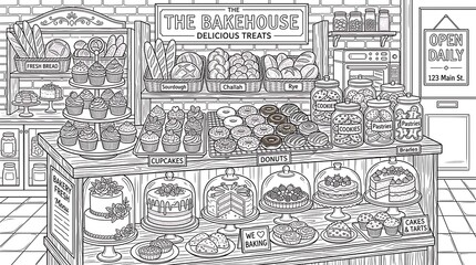 Fototapeta premium Detailed black and white illustration of a charming bakery interior filled with delicious baked goods and treats.