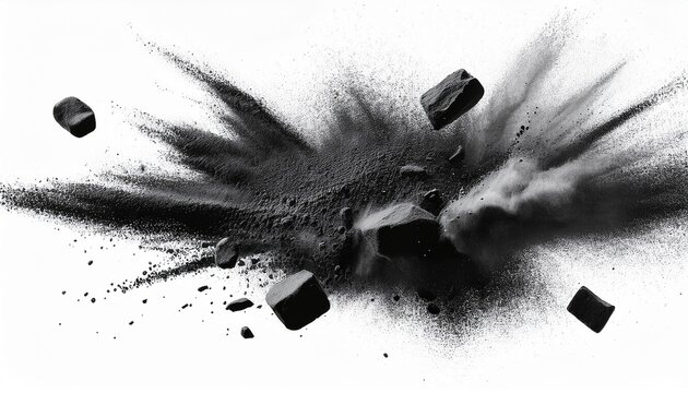 black chalk pieces and dust flying effect explode isolated on white