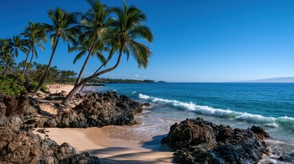 Obraz premium Scenic Makena Beach with palm trees and rocky shoreline, Maui, Hawaii
