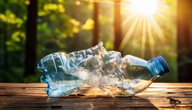 close up of a smashed plastic water bottle on a wooden surface with beautiful sun rays filtering through trees conceptual meaning of recycling necessity and eco awareness