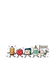 Naklejka premium Cute School Supplies Doodle Parade with Happy Characters