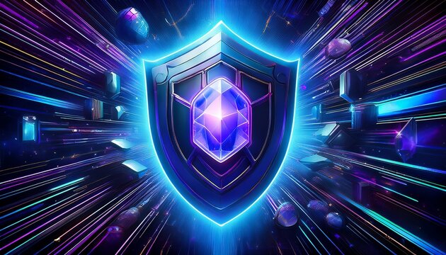blue neon shield with purple gem in cyber space