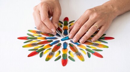 Obraz premium Hands use tweezers to painstakingly arrange vibrantly colored feathers into a geometric mandala pattern, conveying extreme patience, delicate artistry, and natural harmony.