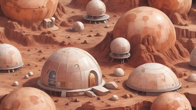 Futuristic Dome Habitats on a Desolate Red Planet, Depicting Space Colonization and Advanced Alien World Architecture