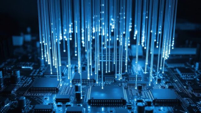 Fiber optic cables transmitting data to a computer chip