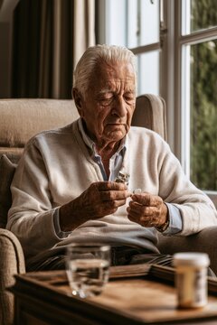 Senior man taking nitroglycerin at home in a quiet living room