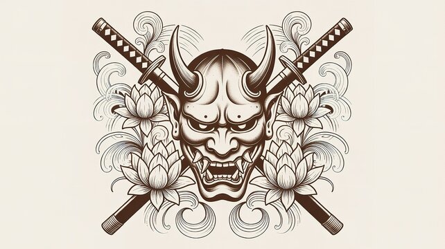 Samurai warrior emblem with crossed katana swords. Traditional Japanese battle crest featuring fierce mask and bamboo leaves.