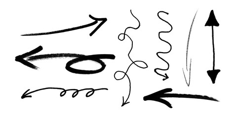 Hand drawn arrows and squiggles in black ink on white background for graphic design and illustrations  various shapes and lines transparent background © AbstractZone