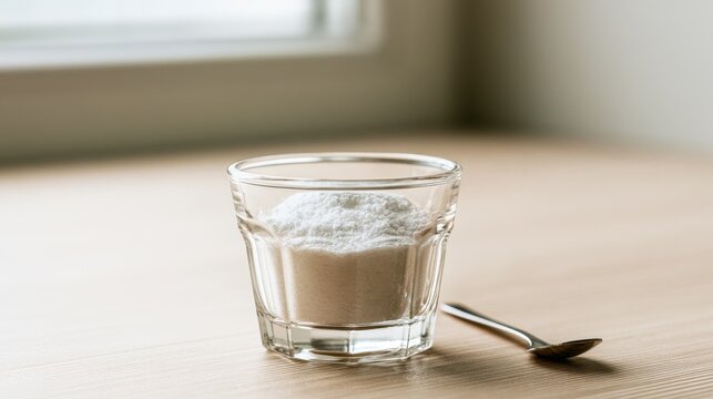 Sorbitol sugar substitute in cup with measuring spoon on a light wooden counter