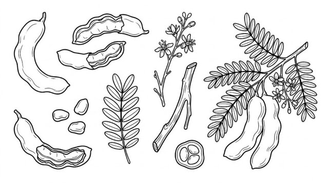 Tamarind Fruit Botanical Line Art Vector Illustration Set &ndash; Whole Pods, Open Shells, Seeds and Leaves