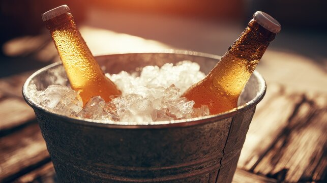 Two pale lager bottles chilling in a metal ice bucket on a rustic wooden table