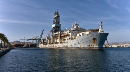 Fototapeta premium Maritime panorama: laid-up drillship beside palm-lined quay in the Canary Islands