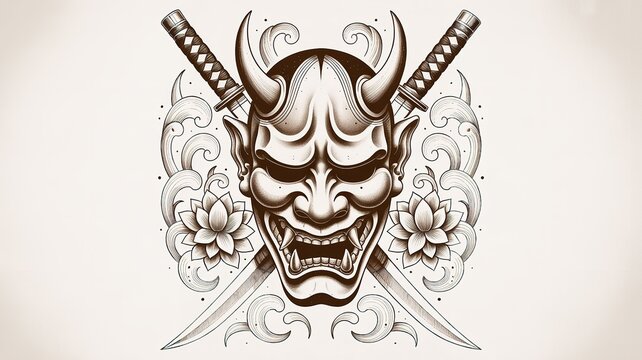 Traditional Japanese oni demon mask with horns and fierce expression. Intricate ink sketch of mythical folklore creature for cultural design projects.