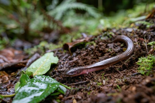 Soil dwelling caecilian in a humid tropical forest with rich leaf litter and moss