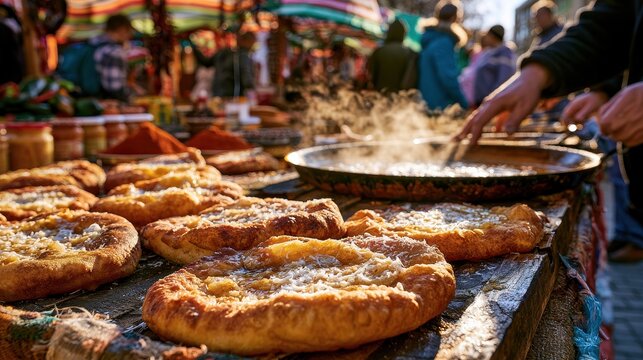 Traditional langos at a bustling outdoor market stall