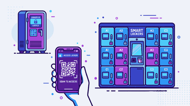 Vector illustration of smart locker system accessed by scanning QR code on smartphone screen.