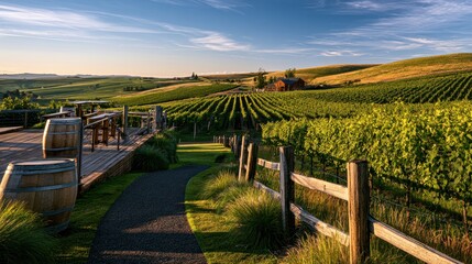 Fototapeta premium Sunlit rows of grapevines in Oregon wine country, tranquil rural landscape