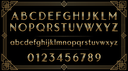 Luxury gold Art Deco Gatsby font vector set featuring uppercase and lowercase letters, numbers, and an ornate geometric border frame for vintage elegant 1920s logo design. © Konstantin Sigaev