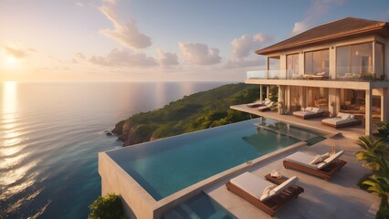 Fototapeta premium Luxurious Modern Villa with Infinity Pool Overlooking a Scenic Ocean Sunset, Golden Hour, Coastal Cliffside Retreat