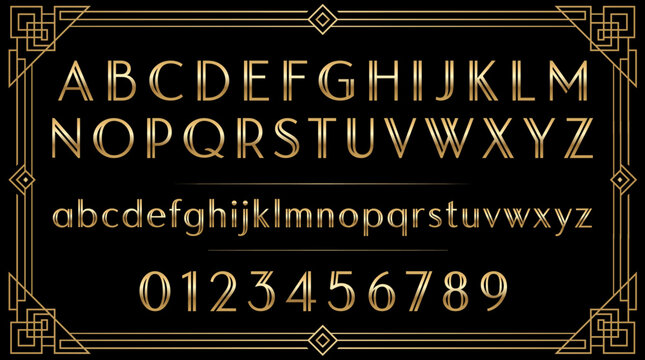Luxury gold Art Deco Gatsby font vector set featuring uppercase and lowercase letters, numbers, and an ornate geometric border frame for vintage elegant 1920s logo design.
