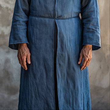 Man wearing a blue biblical robe with tied belt, hands folded in front, historical costume