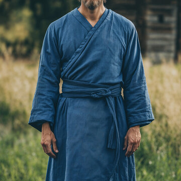 Man wearing a blue belted biblical robe standing outdoors in a grassy field