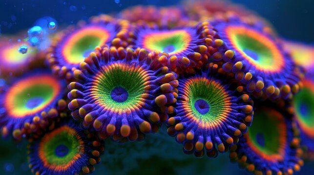 Macro photograph of a vibrant zoanthid coral cluster in a reef aquarium under blue lighting