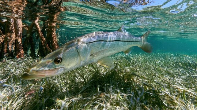 Silver-bodied snook swimming over seagrass near mangrove roots
