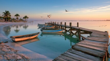 Fototapeta premium Small boats moored beside a weathered pier on Anna Maria Island at golden hour, Bradenton Beach, Florida