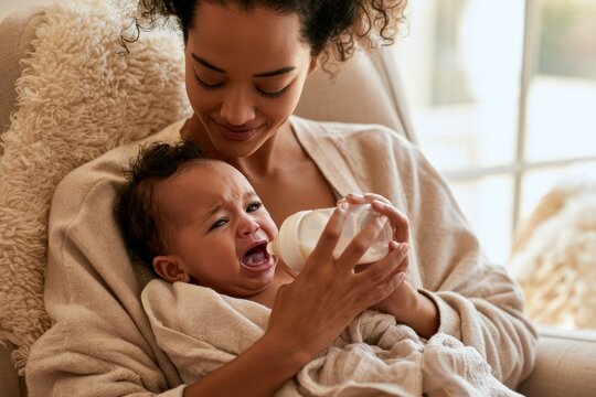 Tender moment: a mother soothing a fussy baby with a bottle in a cozy nursery