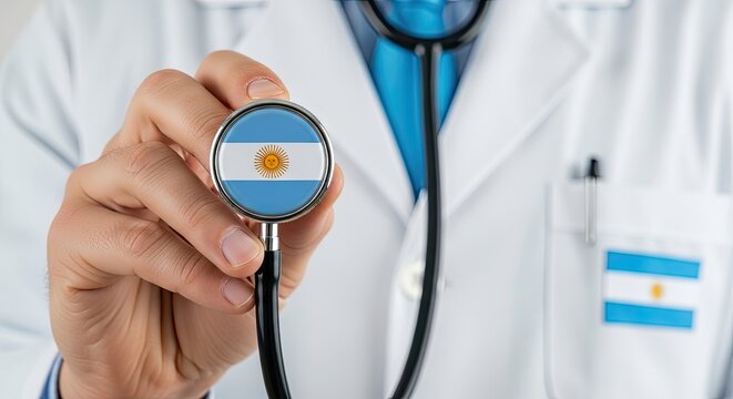 Doctor with Argentinian Flag Stethoscope: A close-up of a doctor in a white coat holding a stethoscope, the diaphragm adorned with the flag of Argentina.