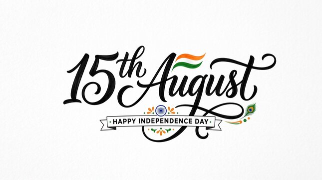   
Stylized decorative text &ldquo;15th August&rdquo; with ornamental flourishes, ribbon in Indian tricolor (saffron, white, green) and Ashoka Chakra, containing &ldquo;HAPPY INDEPENDENCE DAY.&rdquo;