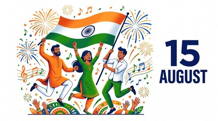 Naklejka premium Festive illustration of three people celebrating India’s Independence Day, waving the national flag with fireworks, confetti, and musical notes in the background. Bold text “15 AUGUST” displayed promi