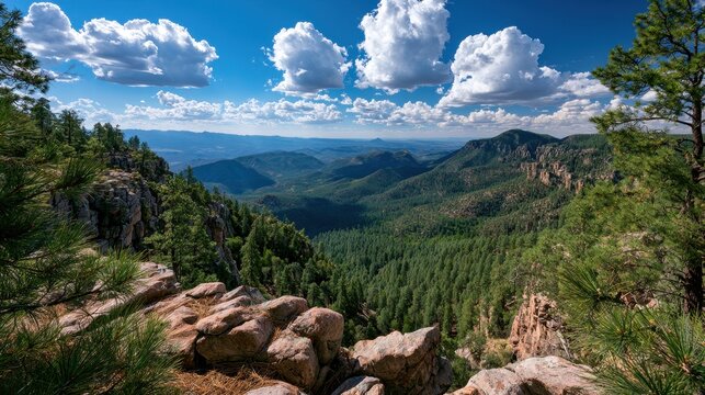 Wide-angle panoramic view of Payson, Arizona's Mogollon Rim under a bright sky with fluffy clouds