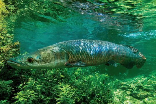 Underwater portrait of a giant arapaima in a calm tropical river, highlighting iridescent scales