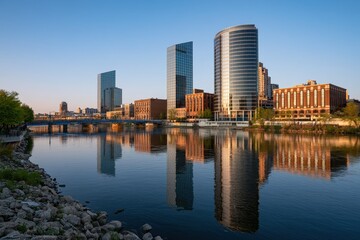 Fototapeta premium Michigan city skyline along the Grand River viewed from the riverbank