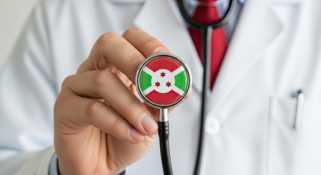 Medical Aid for Burundi: A close-up of a doctor holding a stethoscope with the flag of Burundi on its diaphragm, symbolizing medical support and care for the nation.