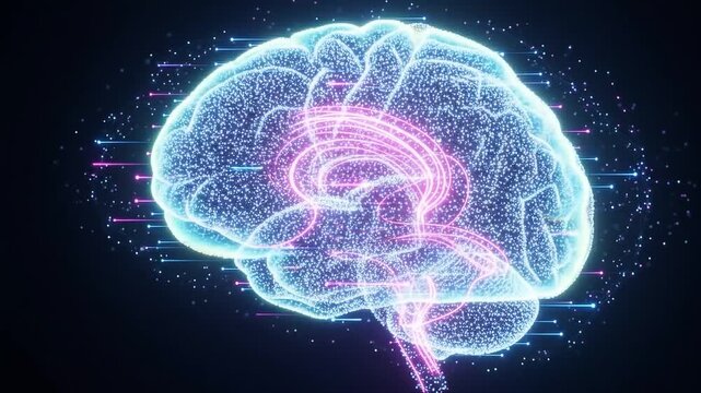 Digital human brain representation with glowing neural pathways