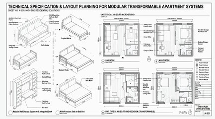 Fototapeta premium Technical specification and layout planning blueprint for modular transformable apartment systems