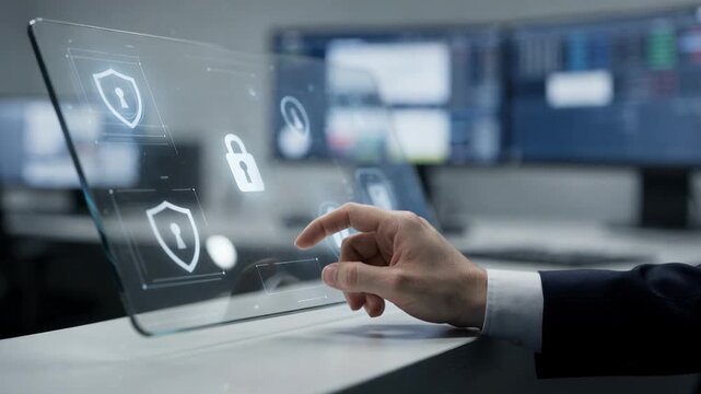 Medium shot focusing on a brokers hand adjusting postquantum security features on a digital panel with a softly blurred trade execution window behind.