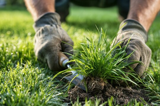 Lawn care scene: manual weed removal of crabgrass using a small hand tool in a sunlit yard
