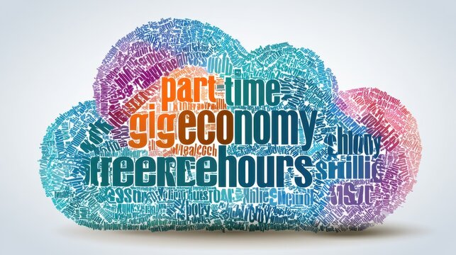 Modern illustration of a word cloud exploring work hours, skill mismatch, and gigs