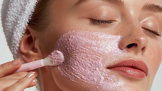 Close-up of a beautiful young woman, cosmetic mask on her face, brush, skin care concept, slow motion