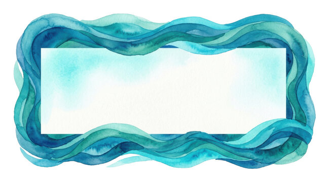 Artistic watercolor turquoise blue wavy layered border frame background