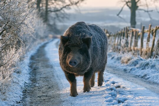 Winter walk with a mangalitsa pig through a snowy rural landscape