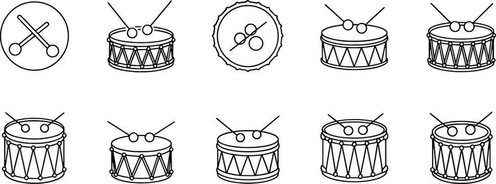 Drum and percussion silhouettes collection, musical instrument icons, rhythm illustration, sound design, minimalist black vector artwork
